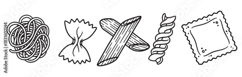 Collection of five different pasta shapes, including spaghetti, farfalle, penne, fusilli, and ravioli, depicted in a minimalist black outline doodle illustration style