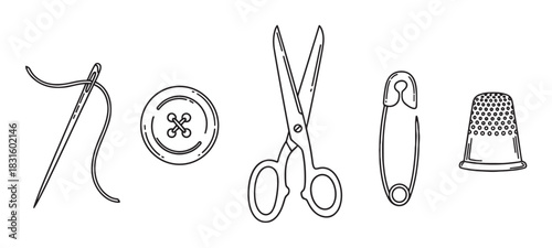 Set of black line art sewing tools including a needle, button, scissors, safety pin, and thimble in a simple doodle style for craft, hobby, and tailoring concepts