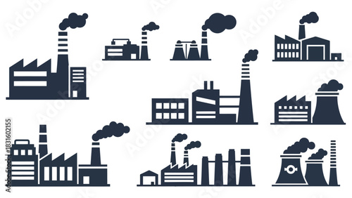 A collection of various industrial factory building silhouettes with smoking chimneys.