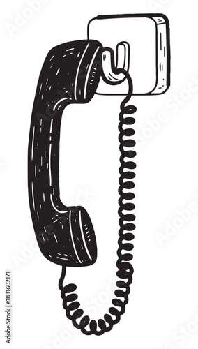 Black hand-drawn vintage telephone receiver hanging from a wall-mounted base with a coiled cord in a simple, retro sketch style illustration