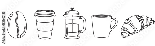 Set of black and white coffee icons including a bean, to-go cup, French press, mug, and croissant in a simple line art style for cafe and breakfast concepts