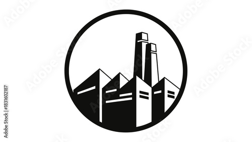 Black and white graphic illustration of an industrial factory building with multiple smokestacks within a circular frame, symbolizing industry and manufacturing.