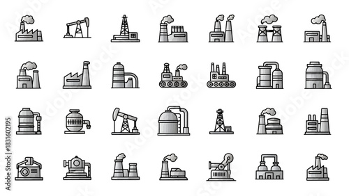 Collection of various industrial factory and plant icons, representing manufacturing and production.