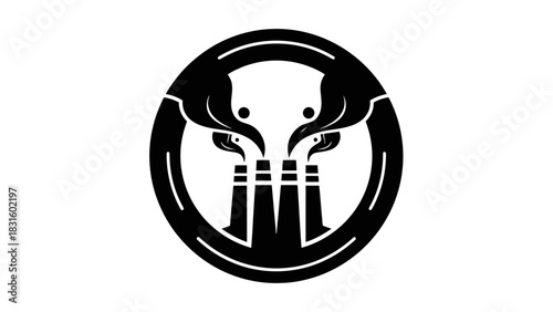 A black and white circular logo depicting factory smokestacks with smoke forming monstrous skulls.