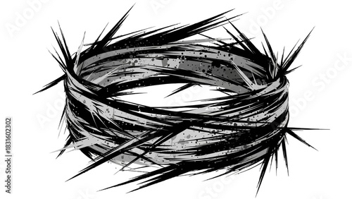 A stark, monochromatic illustration of a crown of thorns, symbolizing suffering and sacrifice.