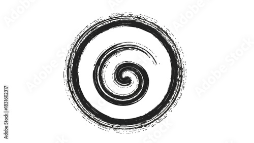Black and white circular spiral design with a textured, brushstroke-like outer ring.