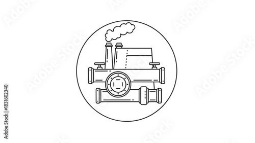 A black and white line art icon of an industrial steam pipe junction with a factory smokestack.