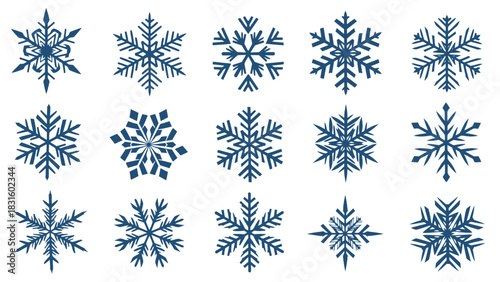 A collection of fifteen intricate blue snowflake illustrations on a white background, showcasing diverse crystalline patterns.