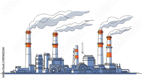 Illustration of a large industrial factory complex with multiple smokestacks emitting smoke.