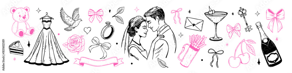 Fototapeta premium Hand drawn whimsical wedding set. Vintage elements of bride, dress, bear, rose, ring, bows, champagne, gifts, cherries and love symbols in sketch style.