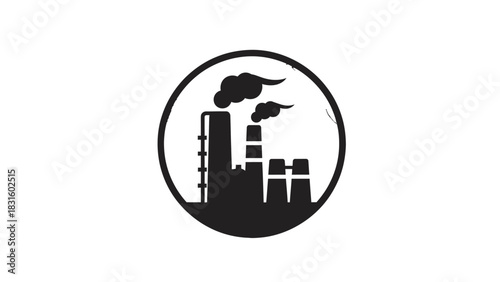 A black silhouette icon of a factory with smokestacks emitting smoke, set within a circular frame.