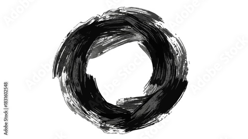 A black ink brush stroke forming an imperfect circle on a white background.