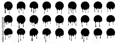 Liquid shapes black melt drips stickers. Smooth paint circles.