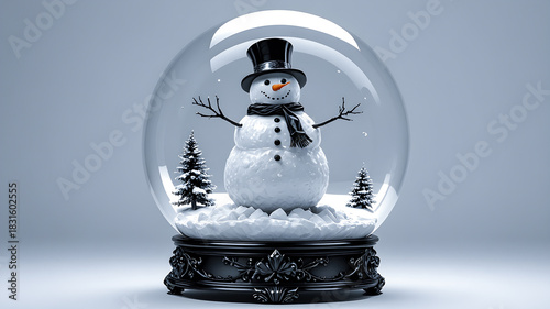 
New Year. Snowman inside a glass ball. Holiday decor. New Year's holiday concept.