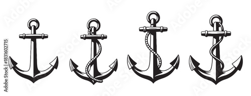 Set of four black nautical anchors in a vintage tattoo style, showing variations with a rope wrapped around the shank in a monochrome graphic illustration collection