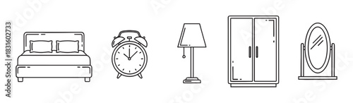 Set of five bedroom furniture icons including a bed, alarm clock, lamp, wardrobe, and mirror in a minimalist black and white line art style for interior design concepts