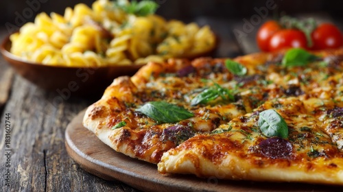 Savor the aroma of freshly baked pizza topped with herbs, set on a rustic wooden table. A bowl of pasta sits nearby, along with juicy tomatoes, creating a welcoming scene