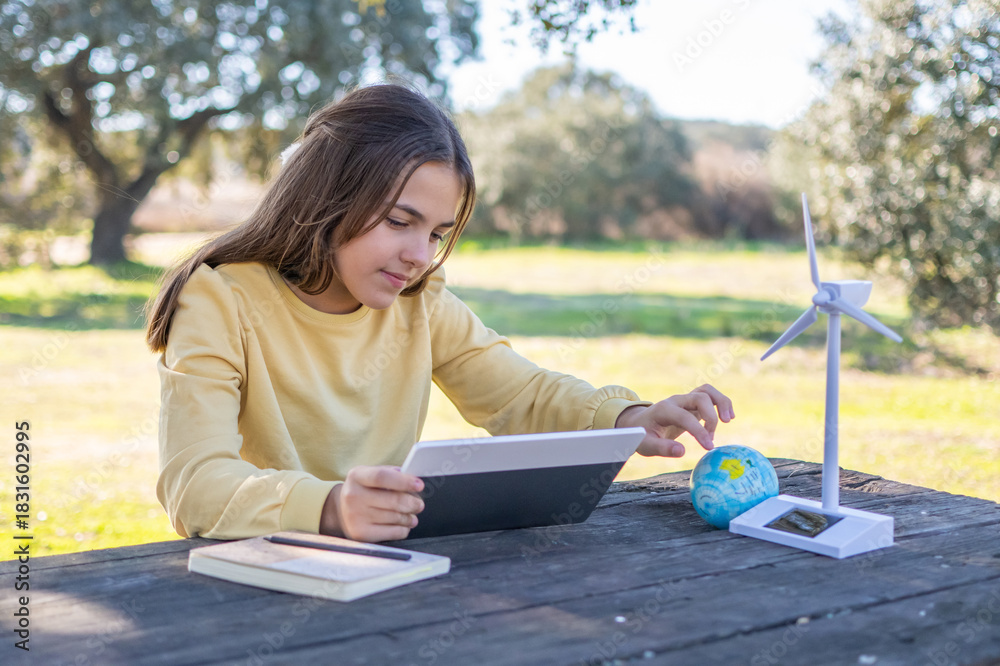 Fototapeta premium Young girl engaging in outdoor education, learning about eco-friendly concepts like renewable energy and sustainability using a tablet, a mini globe, and a wind turbine model