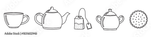 Hand-drawn tea set collection with a cup, teapot, teabag, sugar bowl, and biscuit in a simple black and white line art doodle style for a cozy, charming aesthetic