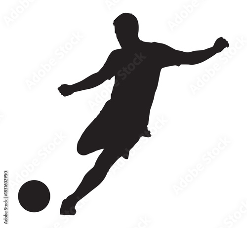 Black silhouette of a male soccer player kicking a ball in a dynamic action pose, a simple graphic vector illustration showing movement and athletic skill during a game