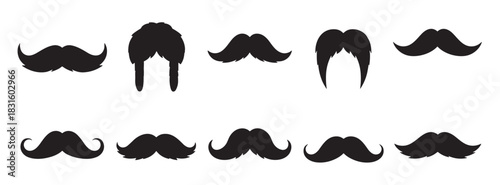 Collection of black mustache silhouettes in various styles, including handlebar and fu manchu, presented as a graphic vector illustration set for character design or masculine concepts