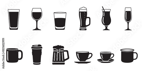 Set of black silhouette drink icons featuring various glasses, mugs, and cups for alcoholic and non-alcoholic beverages in a minimalist vector style for graphic design