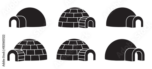 Six black igloo silhouette vector icons in a minimalist graphic style, featuring two different designs with solid shapes and ice block patterns for a clean, modern look