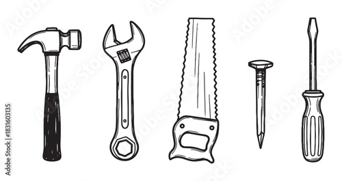 Hand-drawn set of construction tools including a hammer, wrench, saw, nail, and screwdriver in a simple black and white line art illustration style for DIY projects