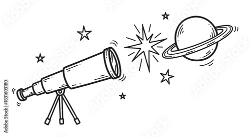 Hand-drawn black and white telescope on a tripod points towards a cartoon planet with rings and shining stars in a whimsical doodle style illustration