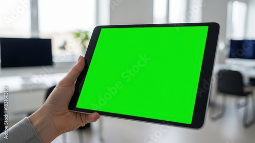 Person holding tablet with green screen in modern office setting