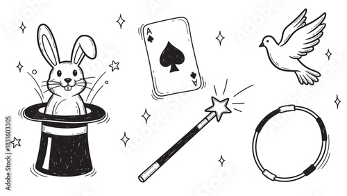 Hand-drawn set of magic show elements including a rabbit in a top hat, wand, card, dove, and linking rings in a charming black and white doodle illustration style