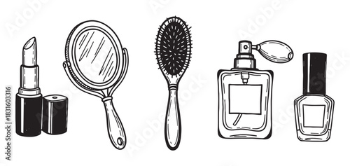 Hand-drawn set of beauty and cosmetic items including lipstick, a mirror, hairbrush, perfume, and nail polish in a simple black and white sketch style illustration