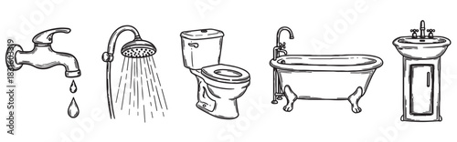 Hand drawn bathroom fixture illustrations set includes a dripping faucet, shower head, toilet, clawfoot bathtub, and pedestal sink in a simple black and white doodle style