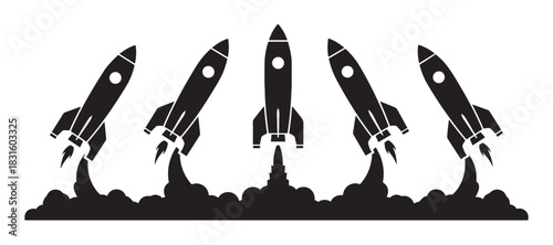 Five black rocket silhouettes launching in sequence, showing the stages of takeoff with smoke and fire in a minimalist flat vector illustration for a business startup concept