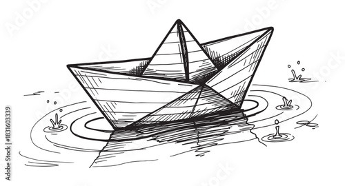 Hand-drawn black and white paper boat floats on rippling water with small splashes, depicted in a simple, nostalgic doodle illustration with clean line art