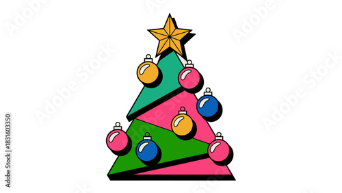 Festive Christmas Tree Decoration: A vibrantly colored Christmas tree with ornaments, topped with a golden star, perfectly embodies the spirit of the holiday season, exuding joy and celebration.