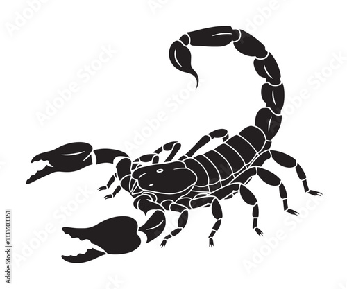 Black and white scorpion illustration with a curved tail and stinger in a threatening pose, depicted in a bold graphic stencil style with detailed body segments and pincers