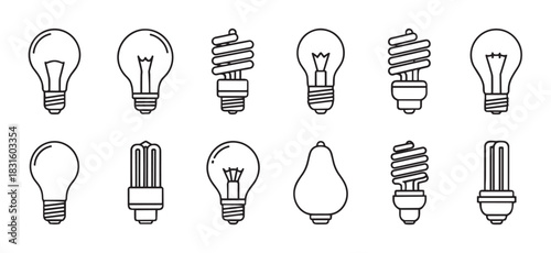 Collection of various light bulb icons in a minimalist line art style, showcasing different lamps like incandescent and energy-saving fluorescent for electricity concepts