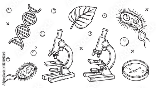 Hand-drawn science and biology doodle illustrations featuring microscopes, DNA helix, bacteria, and a petri dish in a black and white line art sketch style for educational concepts