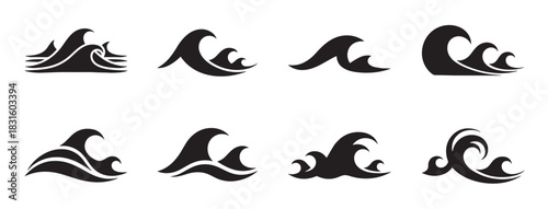 Collection of black stylized ocean wave icons and symbols for graphic design, featuring various simple and elegant shapes representing sea swells and surfing motifs