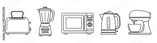 Set of kitchen appliance icons including a toaster, blender, microwave, kettle, and stand mixer drawn in a simple black and white line art vector illustration style