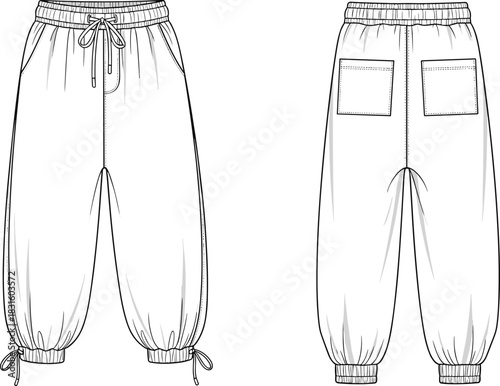 Jogger pants front and back technical flat sketch with waistband drawstring and patch pockets, modern streetwear style, cad drawing flat vector illustration