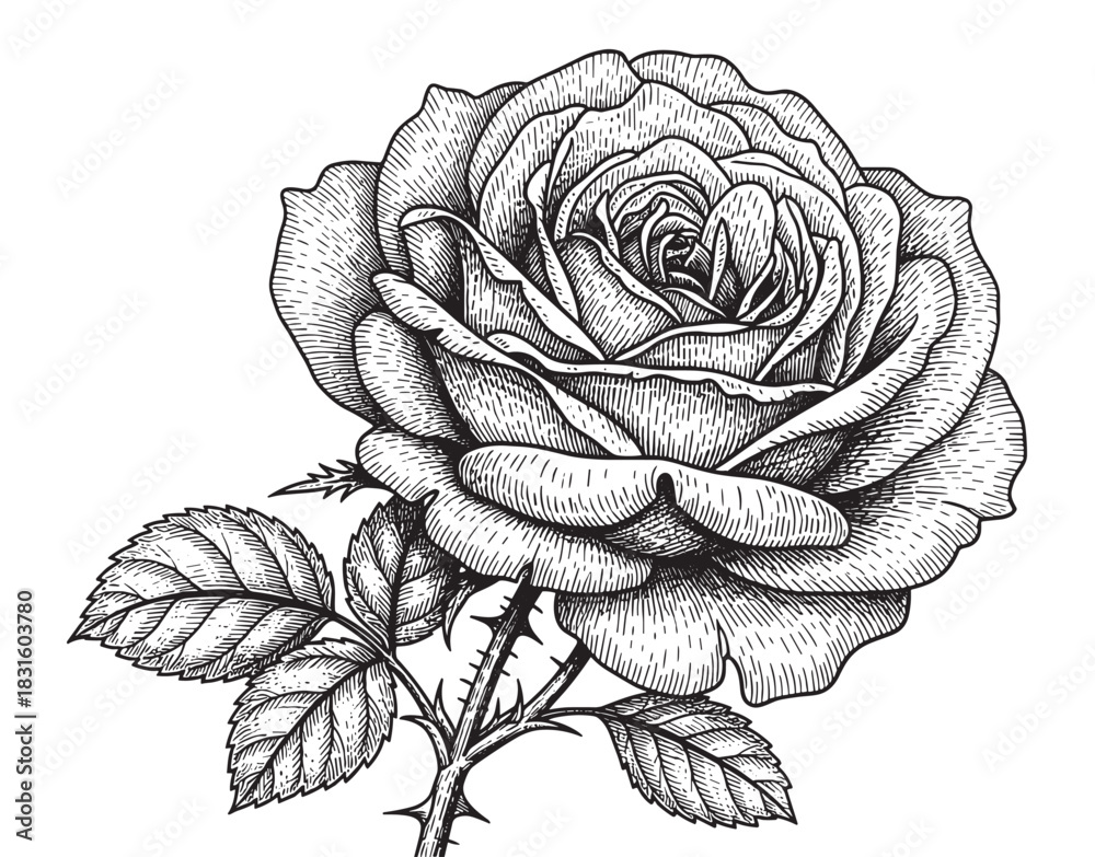 Fototapeta premium Detailed black and white rose illustration in a vintage engraving style with intricate petals, a thorny stem, and delicate leaves, showcasing classic botanical art