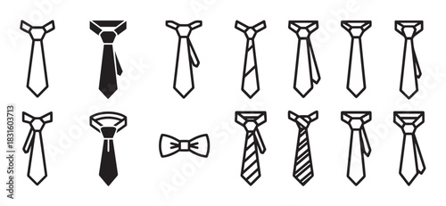 Collection of black necktie and bowtie icons in various styles, including solid silhouettes and simple line art designs, representing formal business and menswear fashion accessories