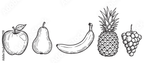 Black and white line art illustration of assorted fruits including an apple, pear, banana, pineapple, and grapes, drawn in a simple, clean, vintage engraving style