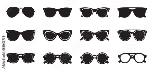 Collection of black sunglasses and eyeglasses silhouettes featuring various fashion styles like aviator, cat-eye, and round frames in a simple graphic vector illustration set