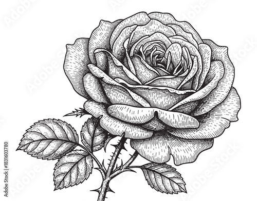 Detailed black and white rose illustration in a vintage engraving style with intricate petals, a thorny stem, and delicate leaves, showcasing classic botanical art