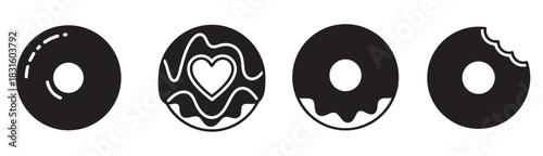 Four black and white donut icons in a minimalist style, showing different designs including shiny glaze, heart-shaped icing, dripping frosting, and a bitten pastry