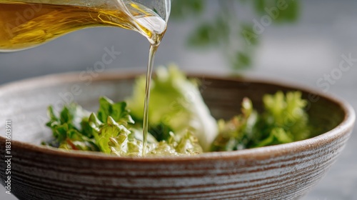 Bowl of salad with a drizzle of olive oil being poured over it. the bowl is made of ceramic and has a brown and white striped pattern.
