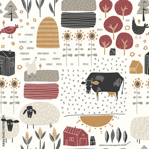 Stylized village. Seamless silhouette pattern.